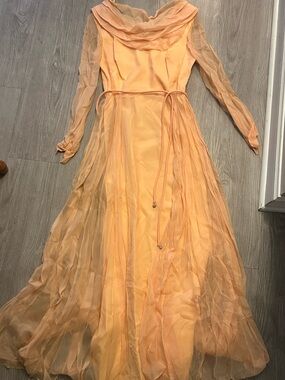 Vintage Showgirl Elegant Peach Long Sleeve Chiffon Evening Dress - Peach